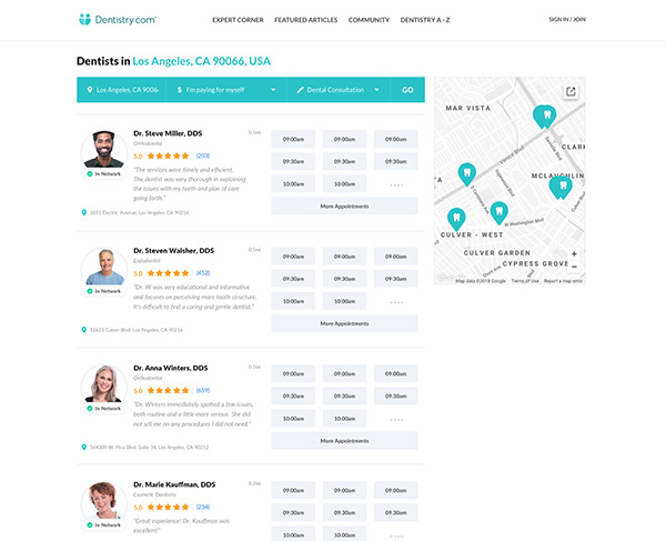 Dentistry.com — Dentist Search Results with Map, Desktop