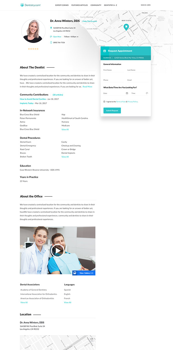Dentistry.com — Dentist Profile Page, Desktop Design