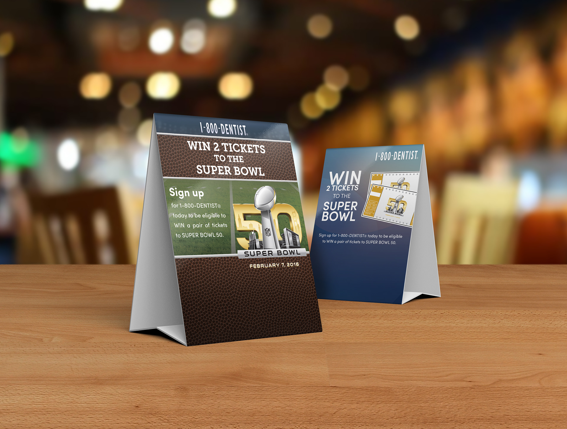 Super Bowl 50 — 1-800-DENTIST restaurant table tent promotional campaign